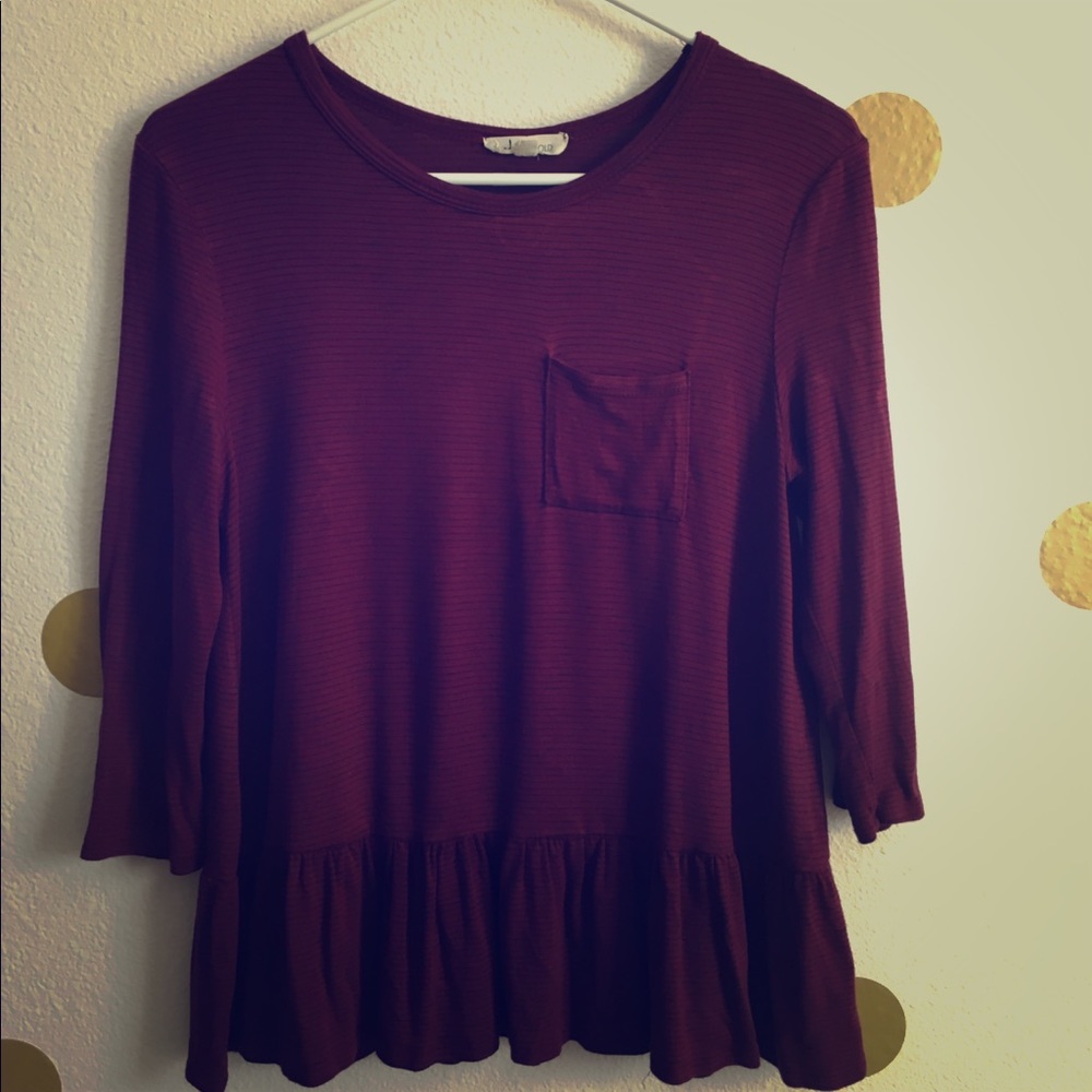 Red with black stripped shirt